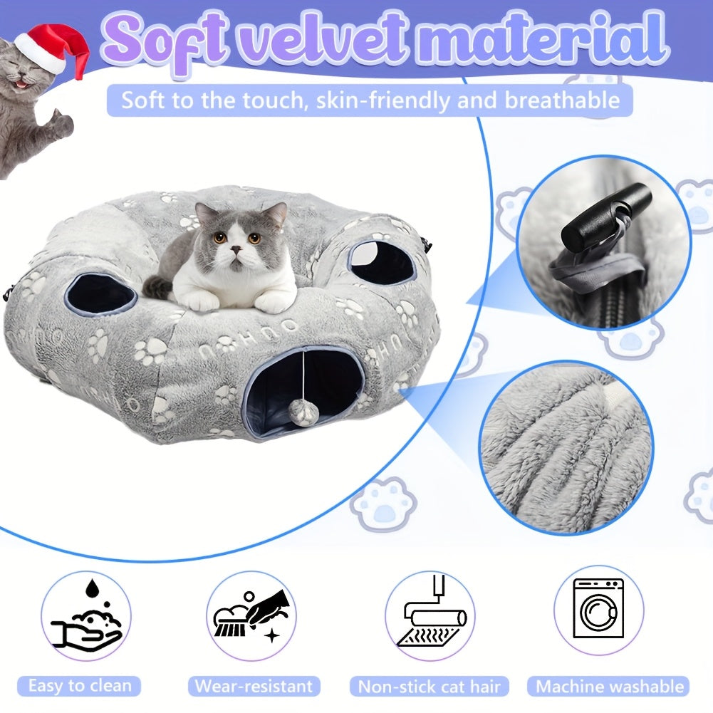 Cat Tunnel Toy Set with Tunnel Bed, Feather Toys, Balls and Fish Toys for Indoor Cats, Interactive Playtime and Cat Birthday Gifts