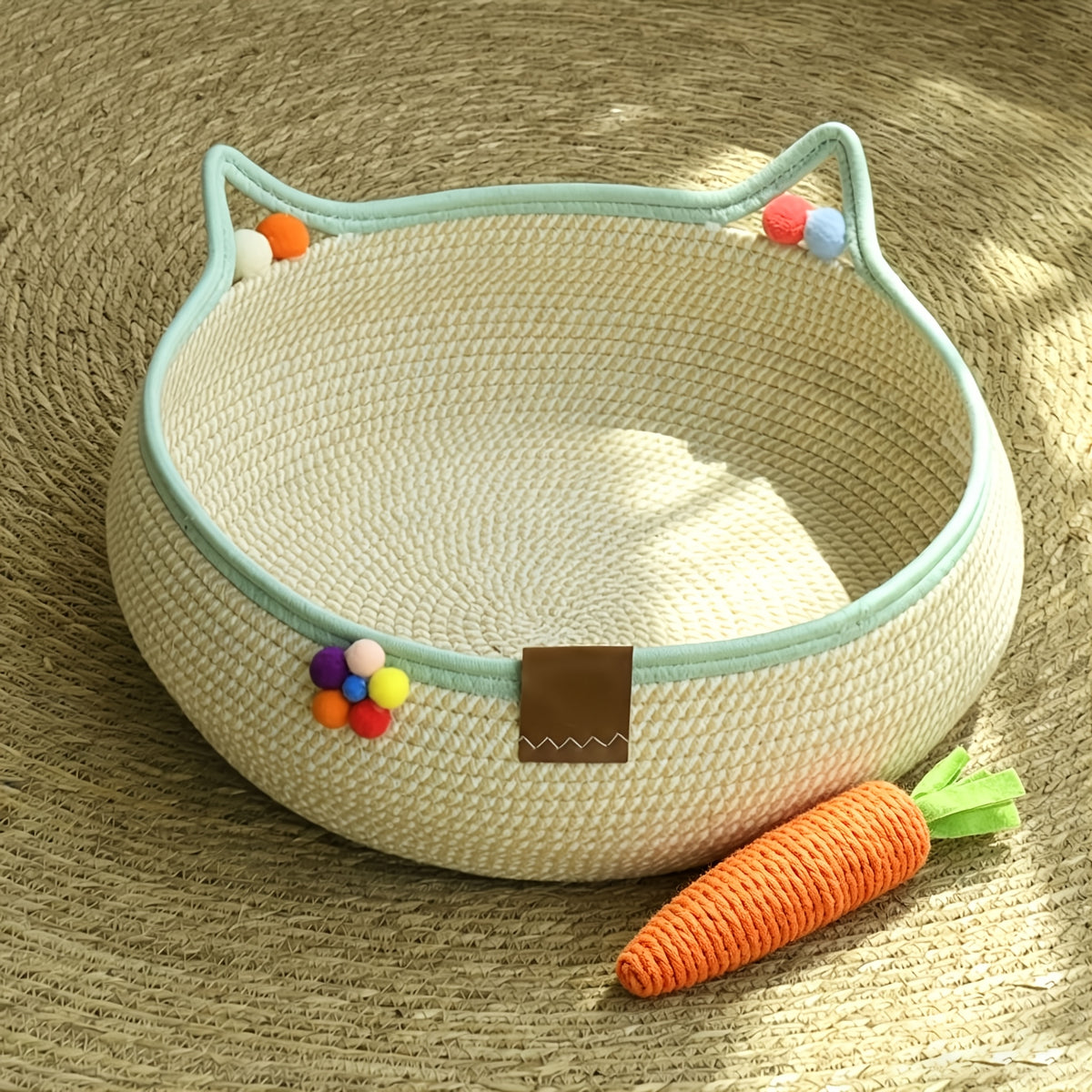 Woven Cat Scratcher Bed with Integrated Cat Nest, Rattan Weave Pet Lounger for Indoor Scratching, Rest and Play, Green or Blue for Cats and Small Dogs