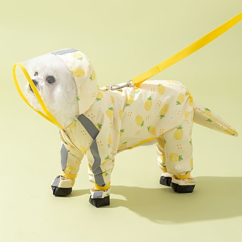 Dog Raincoat with Four-Leg Coverage, Reflective Strip, Extended Brim & Snap Closure for Rainy Walks, Pink Strawberry or Yellow Pineapple