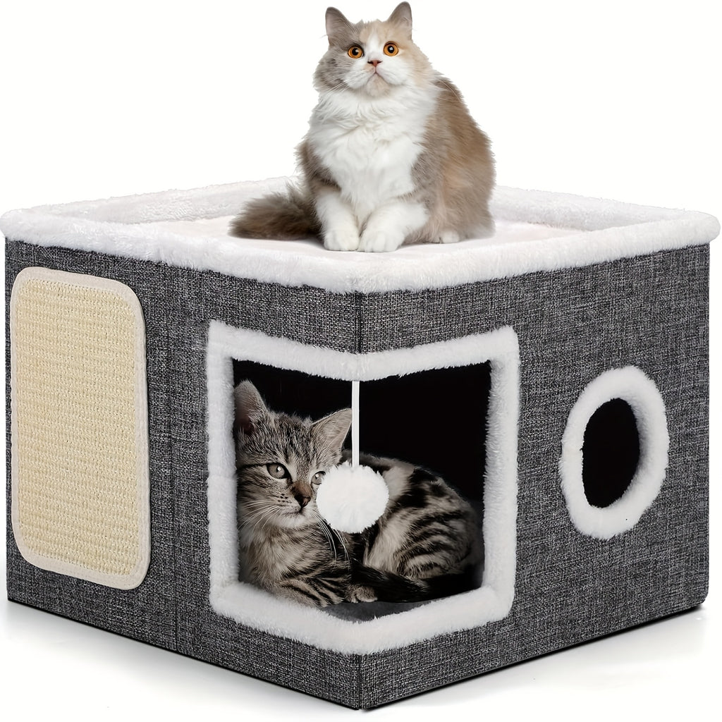 Foldable Cat Cube House for Indoor Cats, Canvas Hideaway Bed with Nylon Frame, Hanging Plush Ball and Four Style Options for Rest and Play