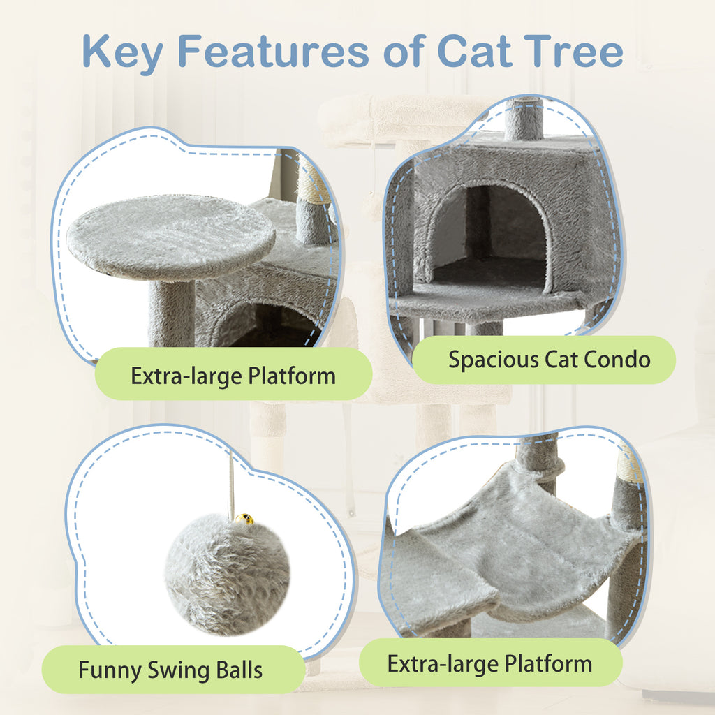 Cat Tree with Cloud-Shaped Perch, 44 Inch Indoor Cat Tower with Hammock, Cozy Condo, Sisal Scratching Posts and Multi-Level Climbing Platforms