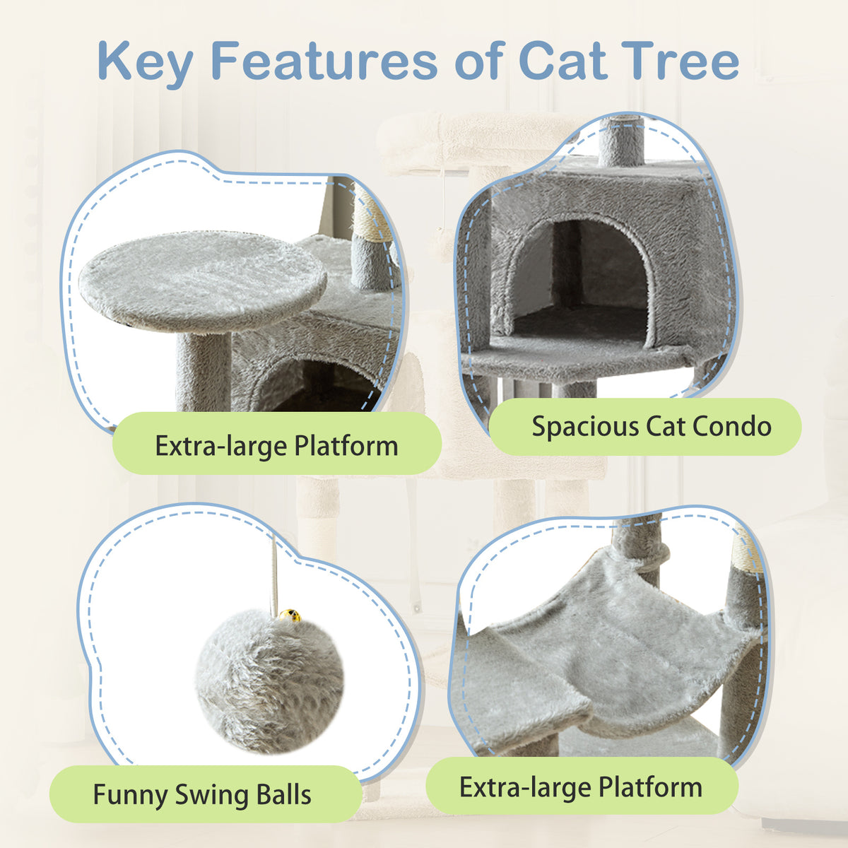Cat Tree with Cloud-Shaped Perch, 44 Inch Indoor Cat Tower with Hammock, Cozy Condo, Sisal Scratching Posts and Multi-Level Climbing Platforms