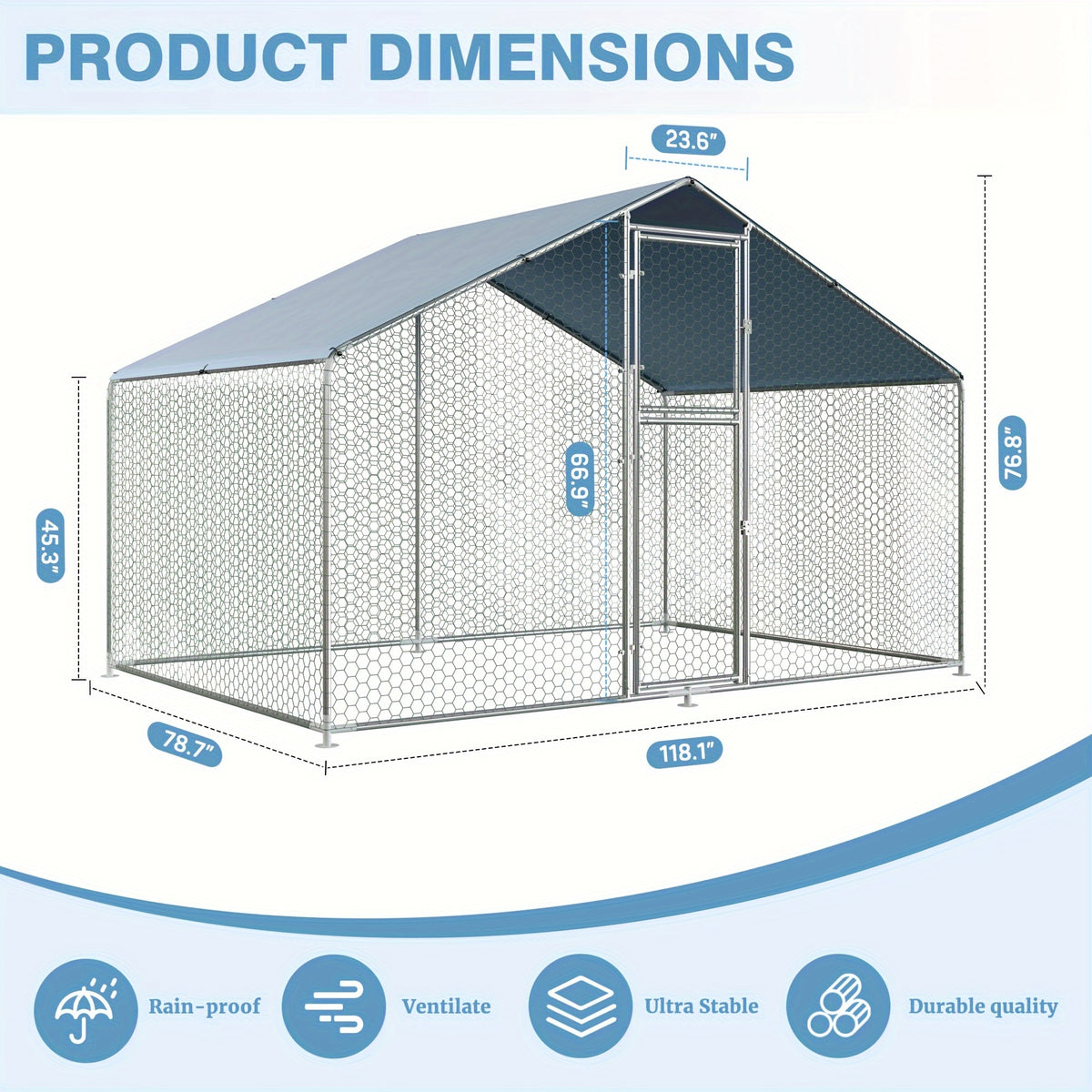 Outdoor Chicken Coop with Double Doors and UV Protection Cover, Large Metal Walk-In Poultry Run for Backyard Hens, Five Size Options