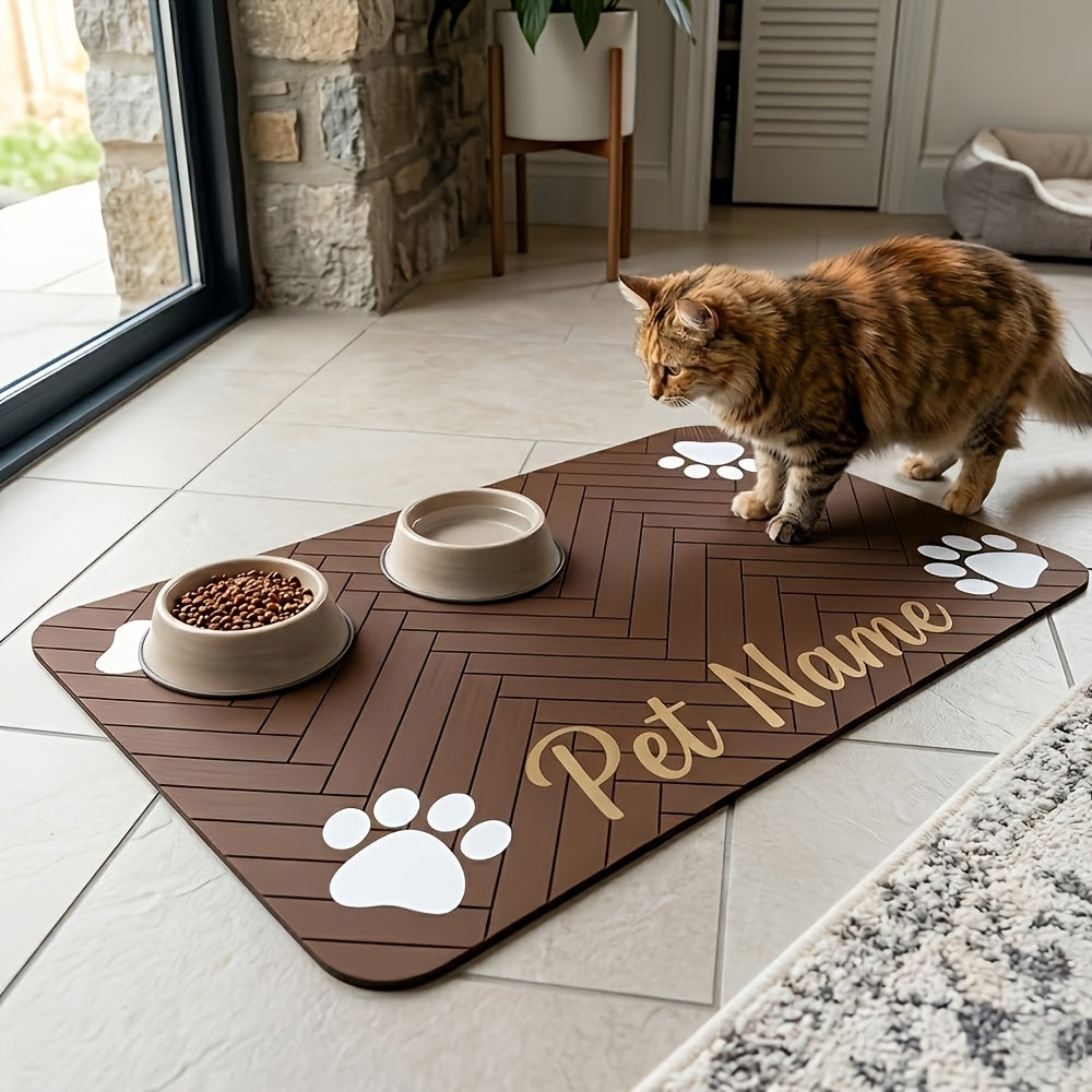 Personalized Pet Feeding Mat with Custom Name or Text, Non-Slip Absorbent Paw Print Bowl Mat for Indoor Dog and Cat Food Stations, Three Size Options
