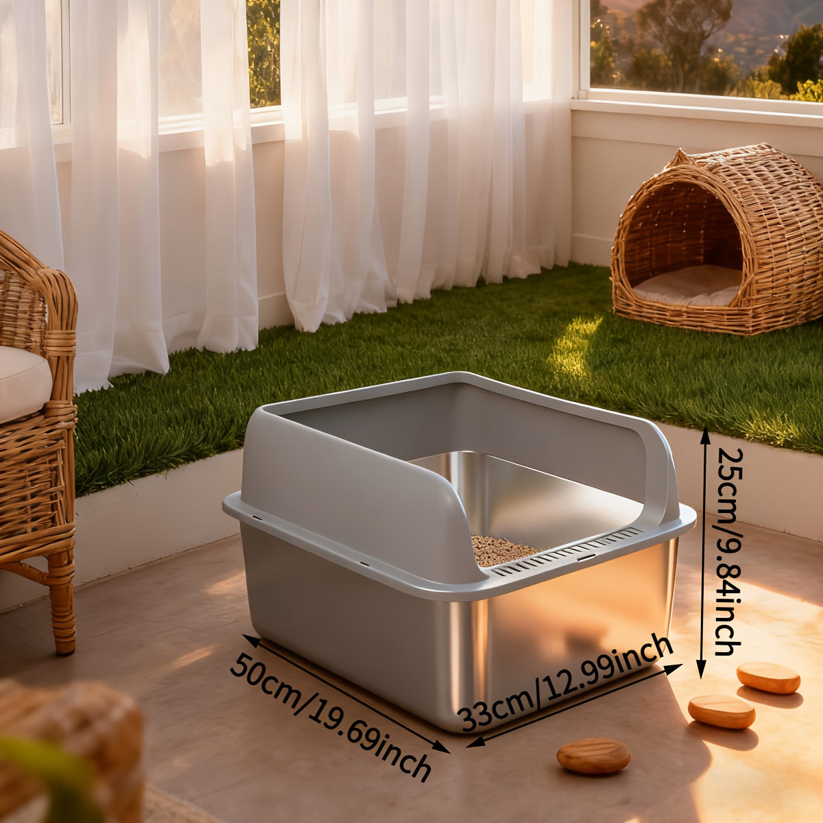 High-Sided Stainless Steel Cat Litter Box with Snap-Lock Design, Easy-Clean Metal Litter Tray for Indoor Cats, Black and Gray Options