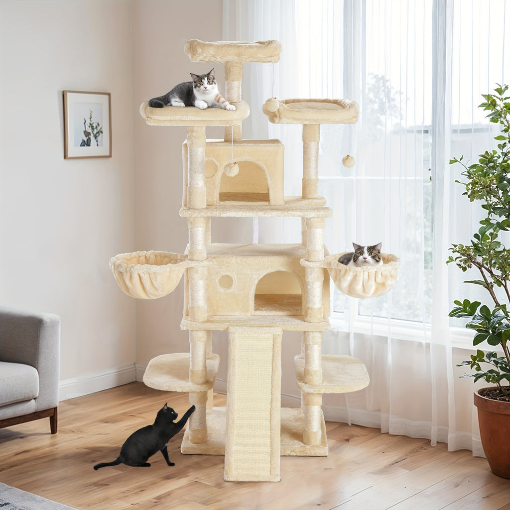 Cat Tree with Plush Baskets, 68 Inch Multi-Level Indoor Cat Tower with Condo Hideaway, Soft Perches, Sisal Scratching Posts and Wide Base