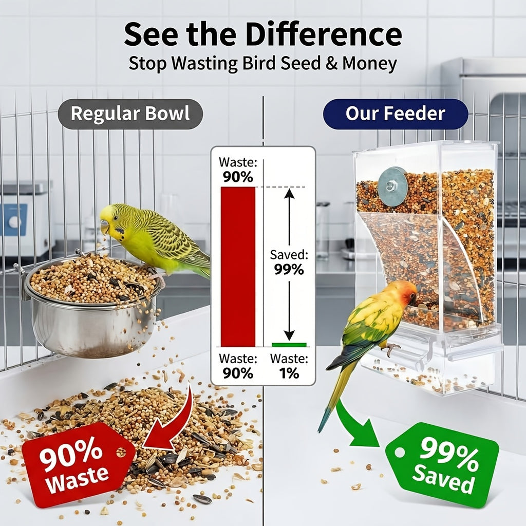 Automatic Bird Cage Feeder with Catch Tray, Transparent Acrylic Seed Dispenser with Angled Feeding Port and Cage Mount for Everyday Pet Bird Care