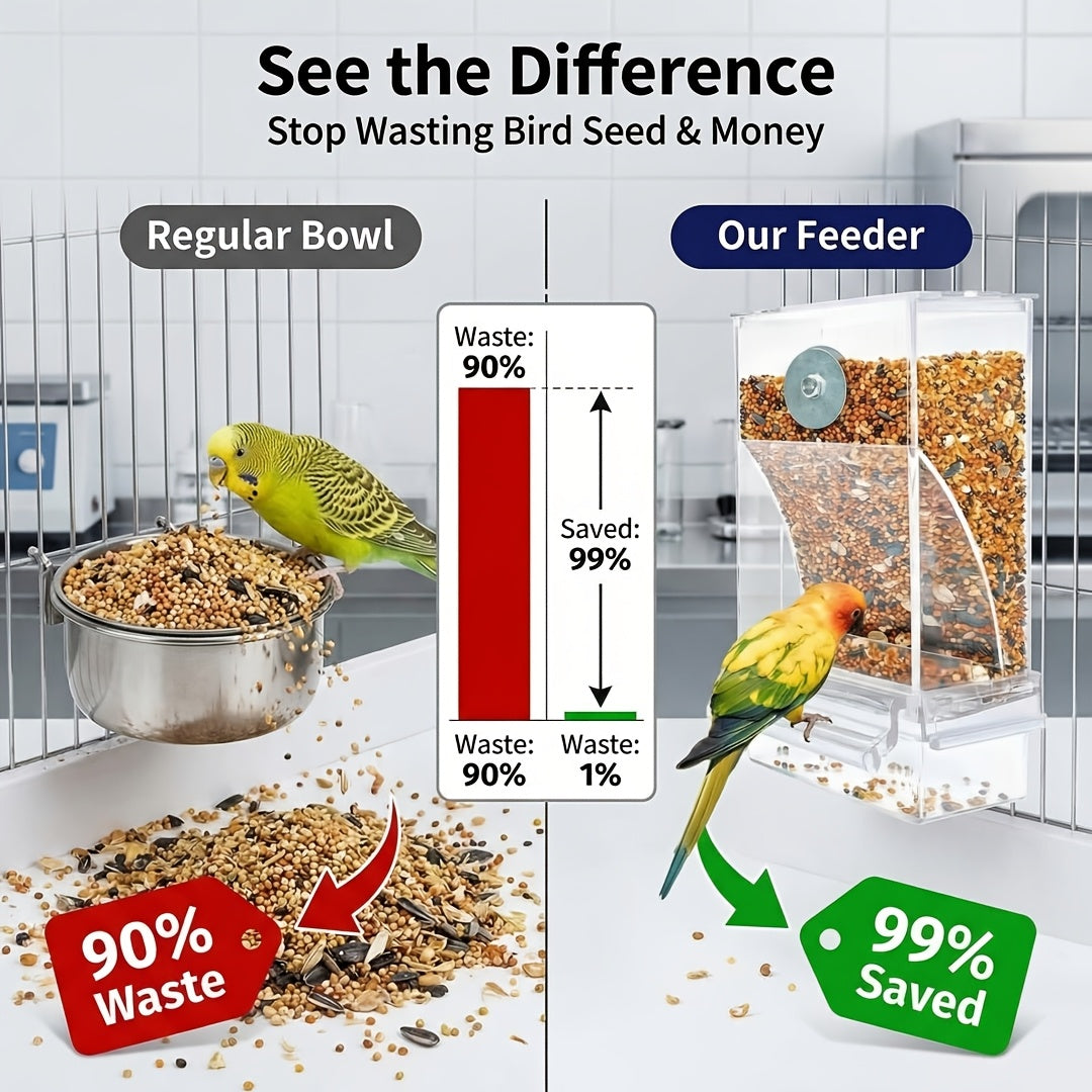 Automatic Bird Cage Feeder with Catch Tray, Transparent Acrylic Seed Dispenser with Angled Feeding Port and Cage Mount for Everyday Pet Bird Care