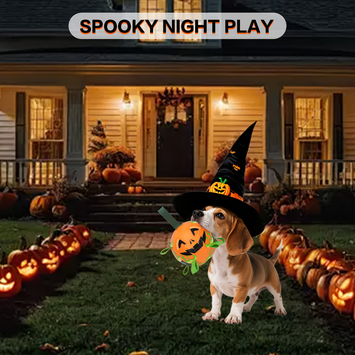 Halloween Pumpkin Dog Ball with Grab Tabs, Orange Jack-O-Lantern Fetch Toy with Carry Strap for Interactive Outdoor Play and Seasonal Pet Gifts