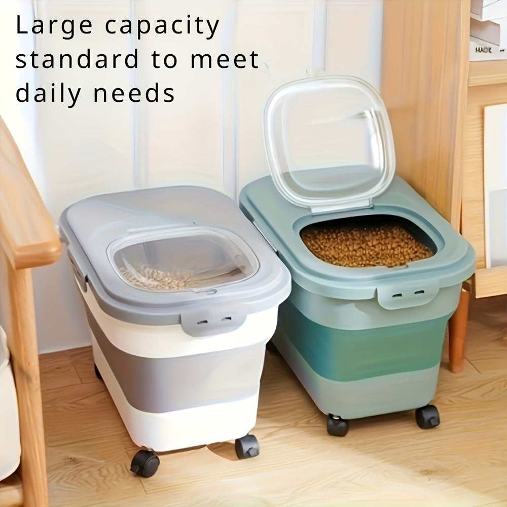 Pet Food Storage Container with Clear Window and Wheels, Foldable Square Plastic Dry Dog and Cat Food Bin with Sealing Lid for Pantry Organization