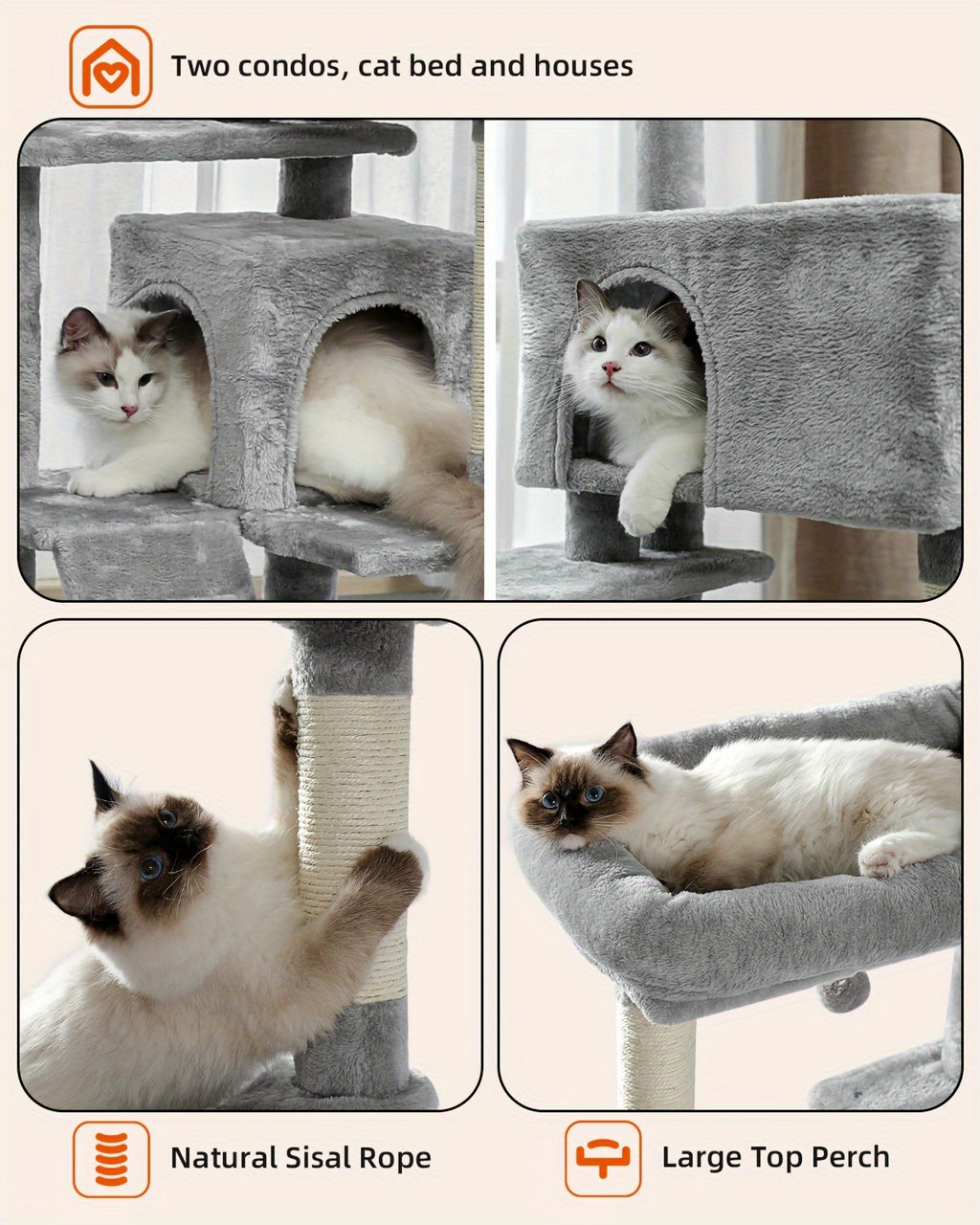 Cat Tree with Oversized Top Perch, 56.3 Inch Multi-Level Indoor Cat Tower with Hammock, Two Condo Hideaways and Scratching Posts, Five Colors