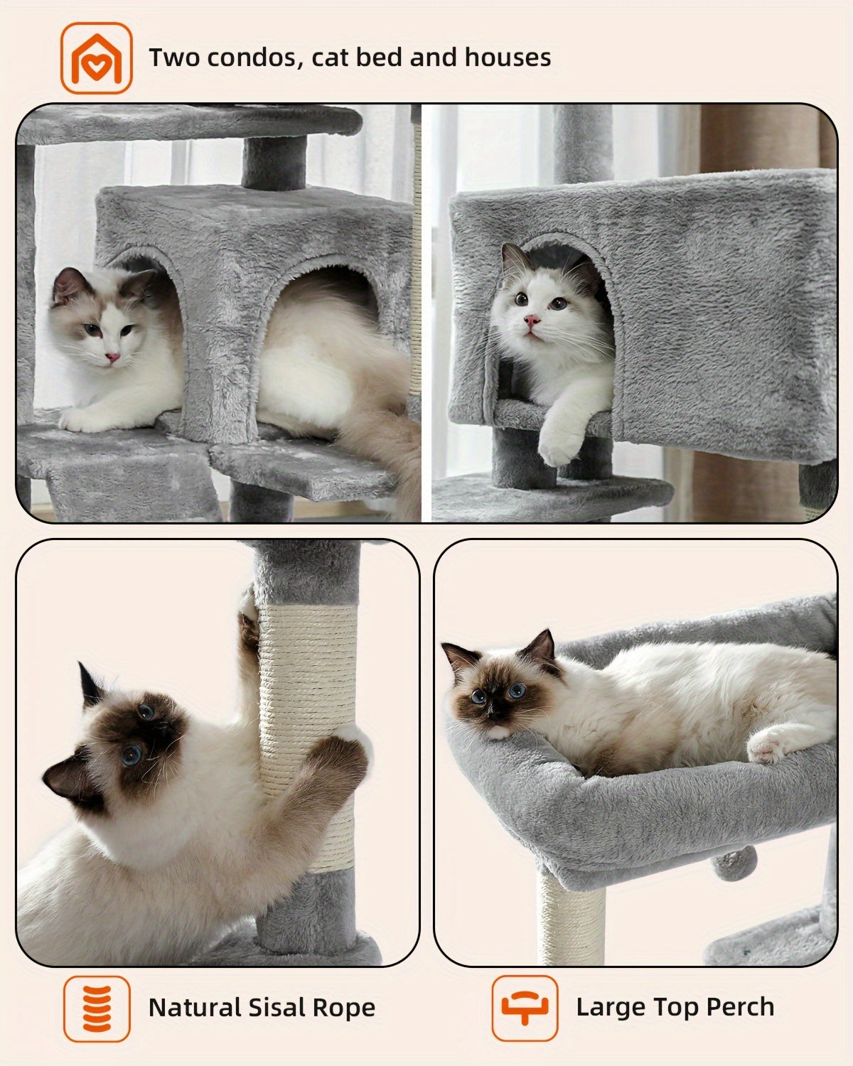 Cat Tree with Oversized Top Perch, 56.3 Inch Multi-Level Indoor Cat Tower with Hammock, Two Condo Hideaways and Scratching Posts, Five Colors