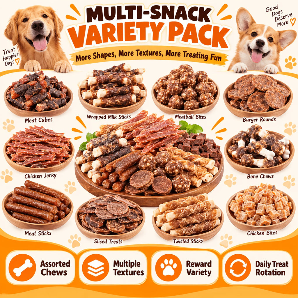Dog Snack Variety Selection with Chicken Liver, Duck Jerky, Beef Cubes and Sweet Potato Donut Options for Supervised Training Rewards