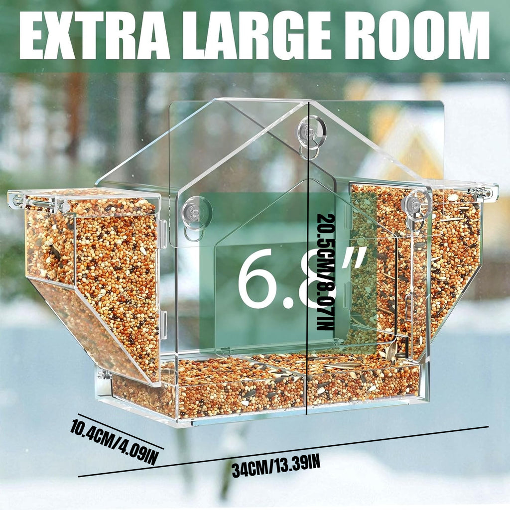 Window Bird Feeder with Dual Side Hoppers, Extra Large Clear Outdoor Feeder with Suction Cups and Adhesive Mount for Indoor Bird Watching