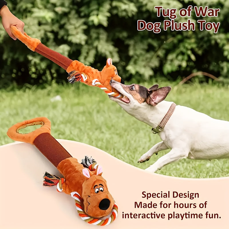 Plush Tug Dog Toy with Crinkle Paper and Squeaker, Soft Rope-Body Animal Toy for Supervised Gentle Play, Bear, Dinosaur, Monkey or Hippo Styles