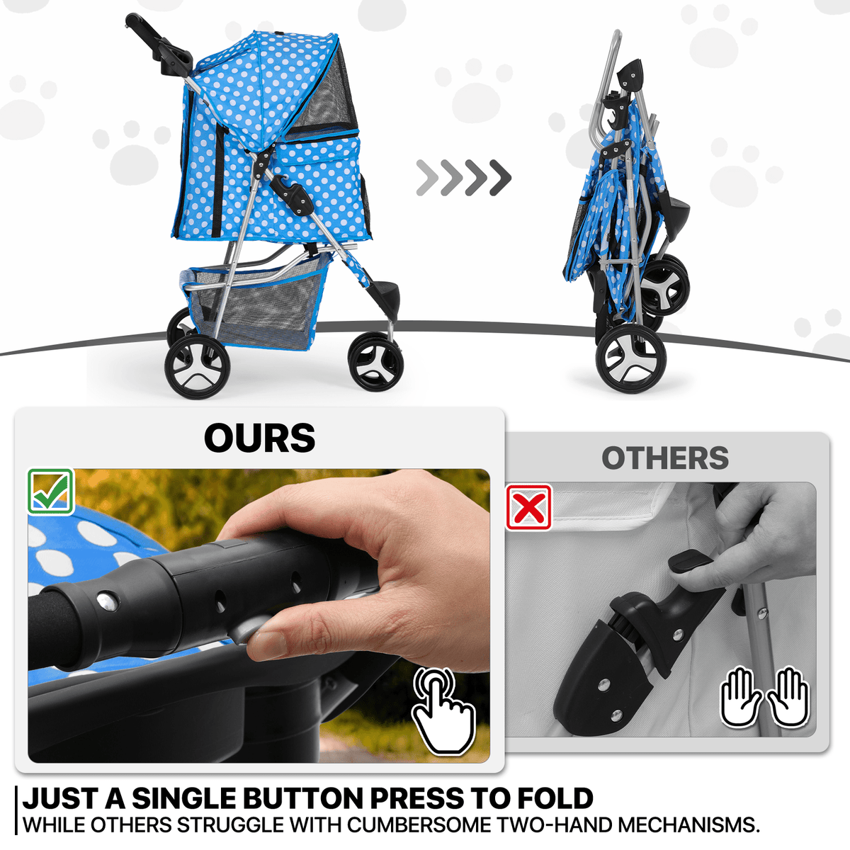 Three-Wheel Dog Stroller with Weather Cover, Foldable Mesh Pet Pushchair for Small Dogs and Cats, Storage Basket, Cup Holder and 10 Style Options