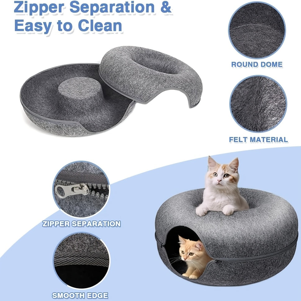 Donut Cat Tunnel Bed for Indoor Cats, Round Hideaway Nest with Pom-Pom Toys, 20 or 24 Inch Cat Cave in Light Gray or Dark Gray