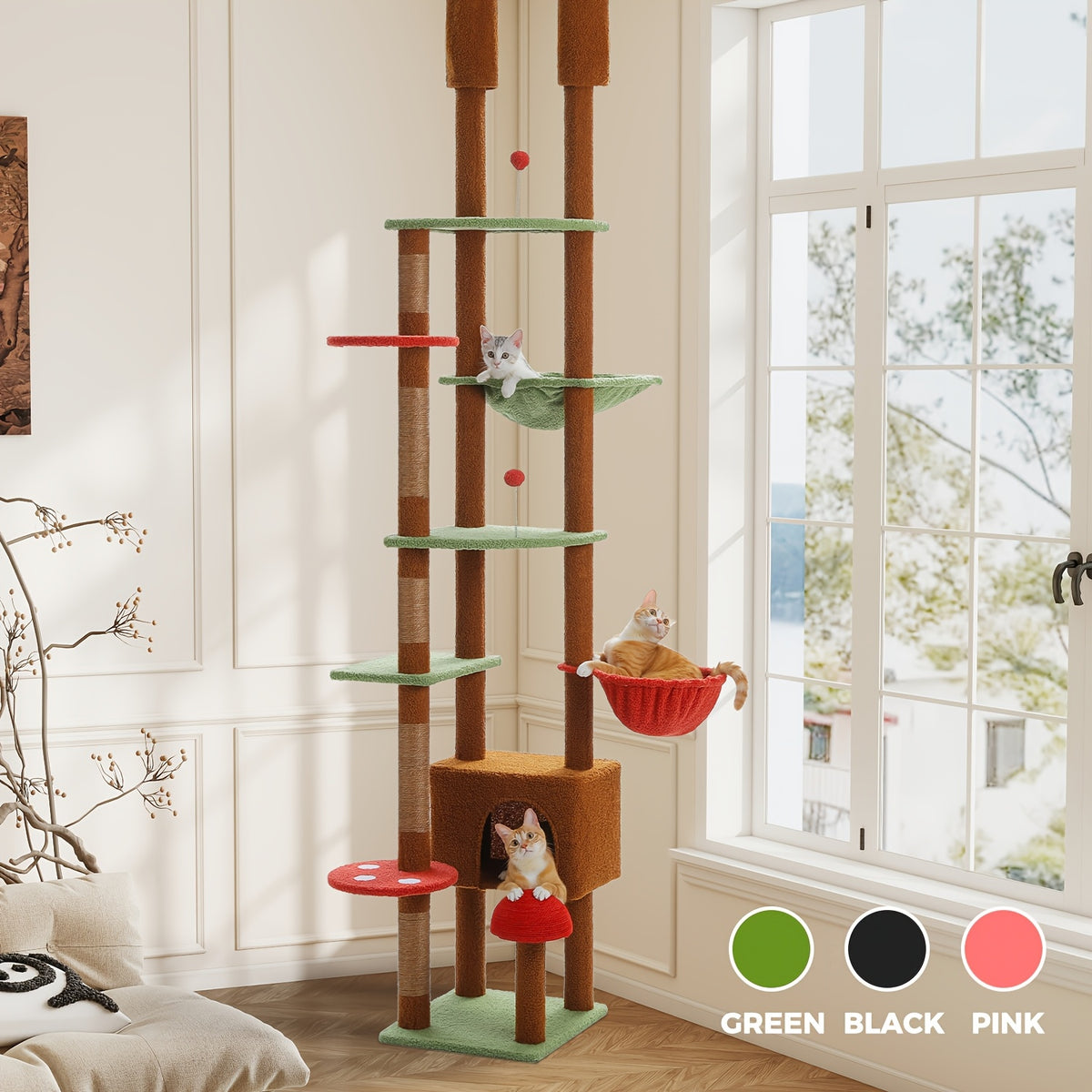 Adjustable Floor to Ceiling Cat Tree 90.5–100.4 Inches, Dual Top Support Indoor Tower with Condo, Hammocks, Climbing Platforms and Scratching Posts