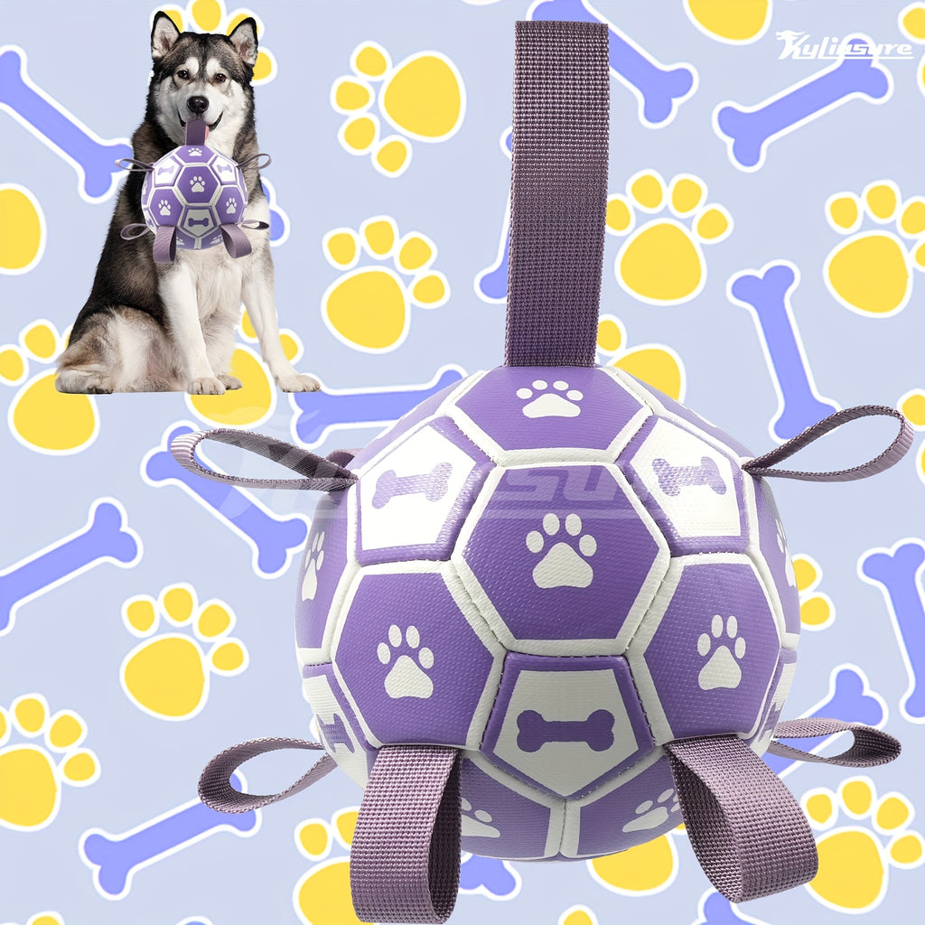 Dog Fetch Ball with Grab Straps, Purple and Gray Paw and Bone Soccer-Style Toy with Pump for Supervised Tug Games, Outdoor Play and Dog Birthday Gifts