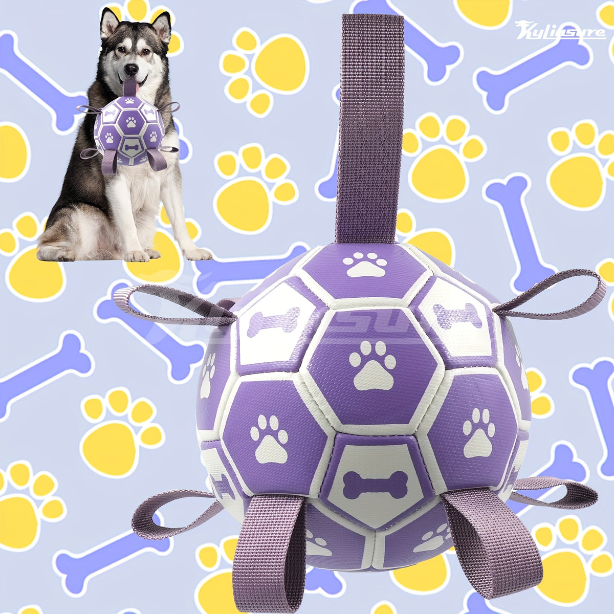 Dog Fetch Ball with Grab Straps, Purple and Gray Paw and Bone Soccer-Style Toy with Pump for Supervised Tug Games, Outdoor Play and Dog Birthday Gifts