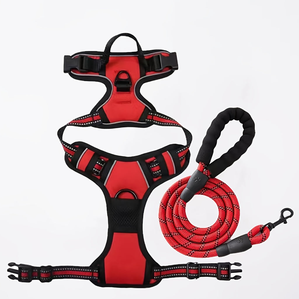 Dog Harness and 5ft Leash Bundle, Adjustable Reflective Walking Vest in Black, Blue or Red, S-XL Sizes for Everyday Walks and Training