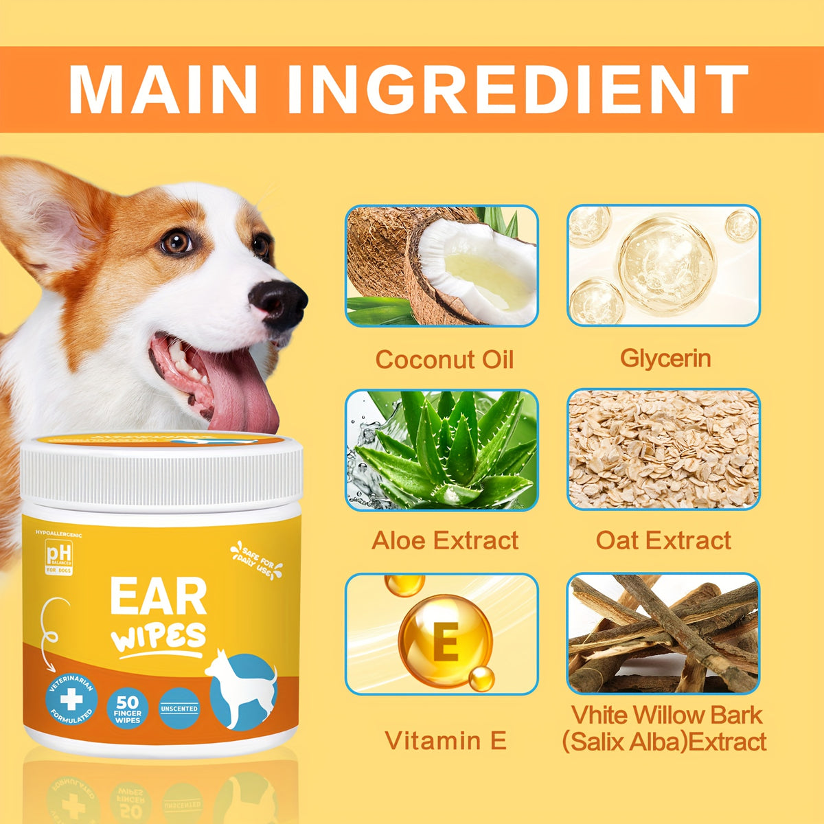 Dog Ear Cleaner Wipes with Coconut Scent, Finger Wipes for Routine Ear Grooming, with Separate Dental Wipes, Teeth Cleaning Kit and Eye Wipe Options