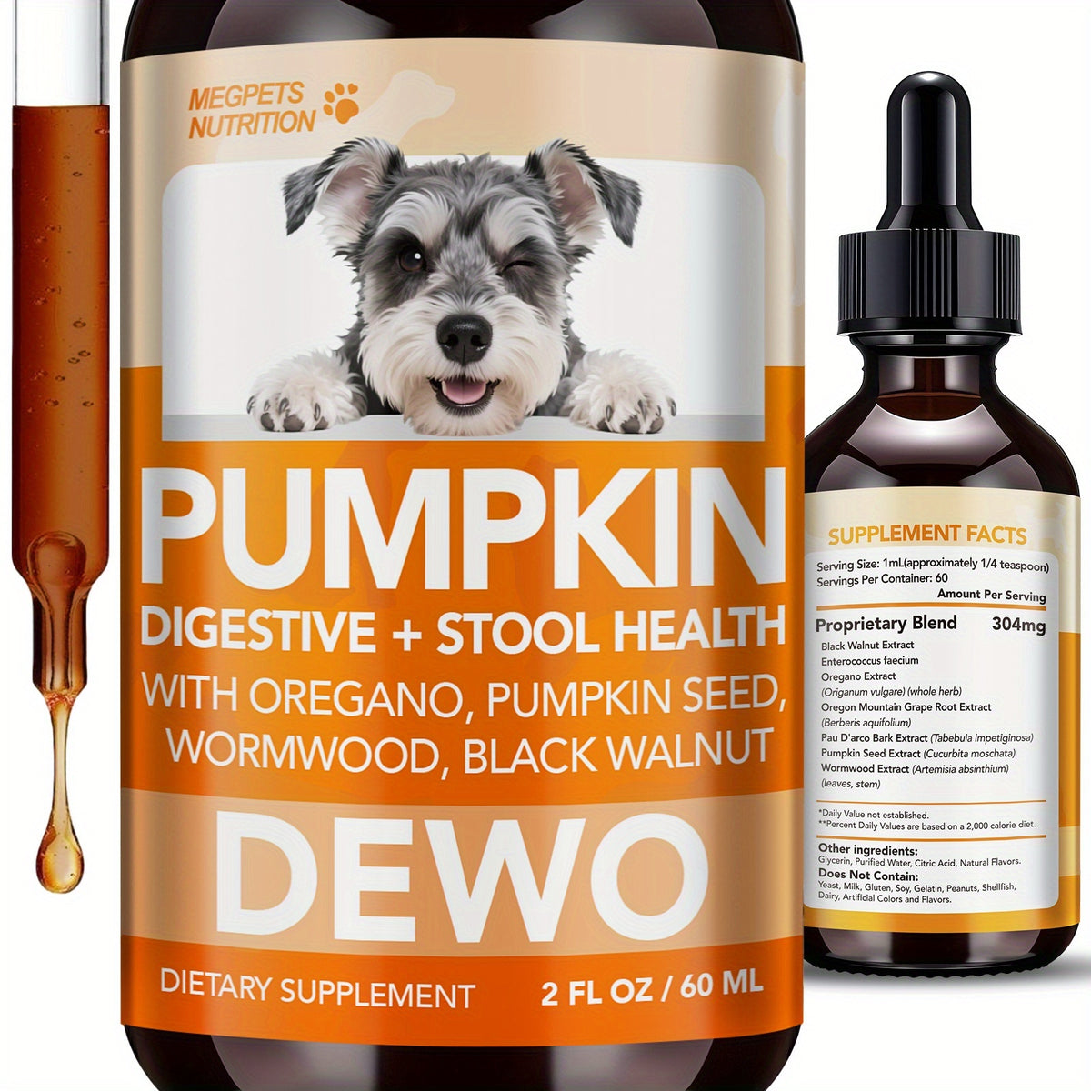 Pet Supplement Drops with Black Walnut and Pumpkin Seed, 2 fl oz Liquid Format with One, Two or Three Bottle Options for Veterinarian-Guided Care