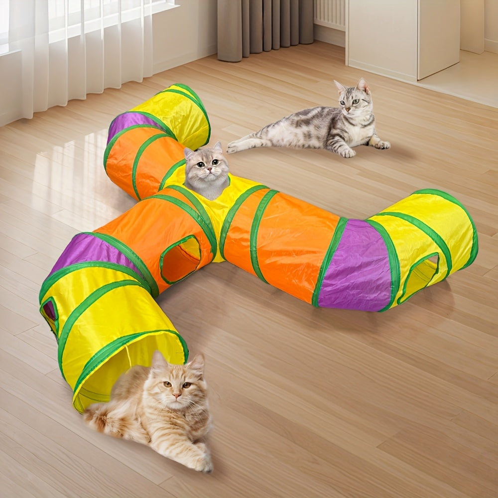 T-Shaped Cat Tunnel with Hanging Ball, Collapsible Polyester Play Tube with Multiple Entrances for Indoor Cat Hide-and-Seek and Daily Exploration
