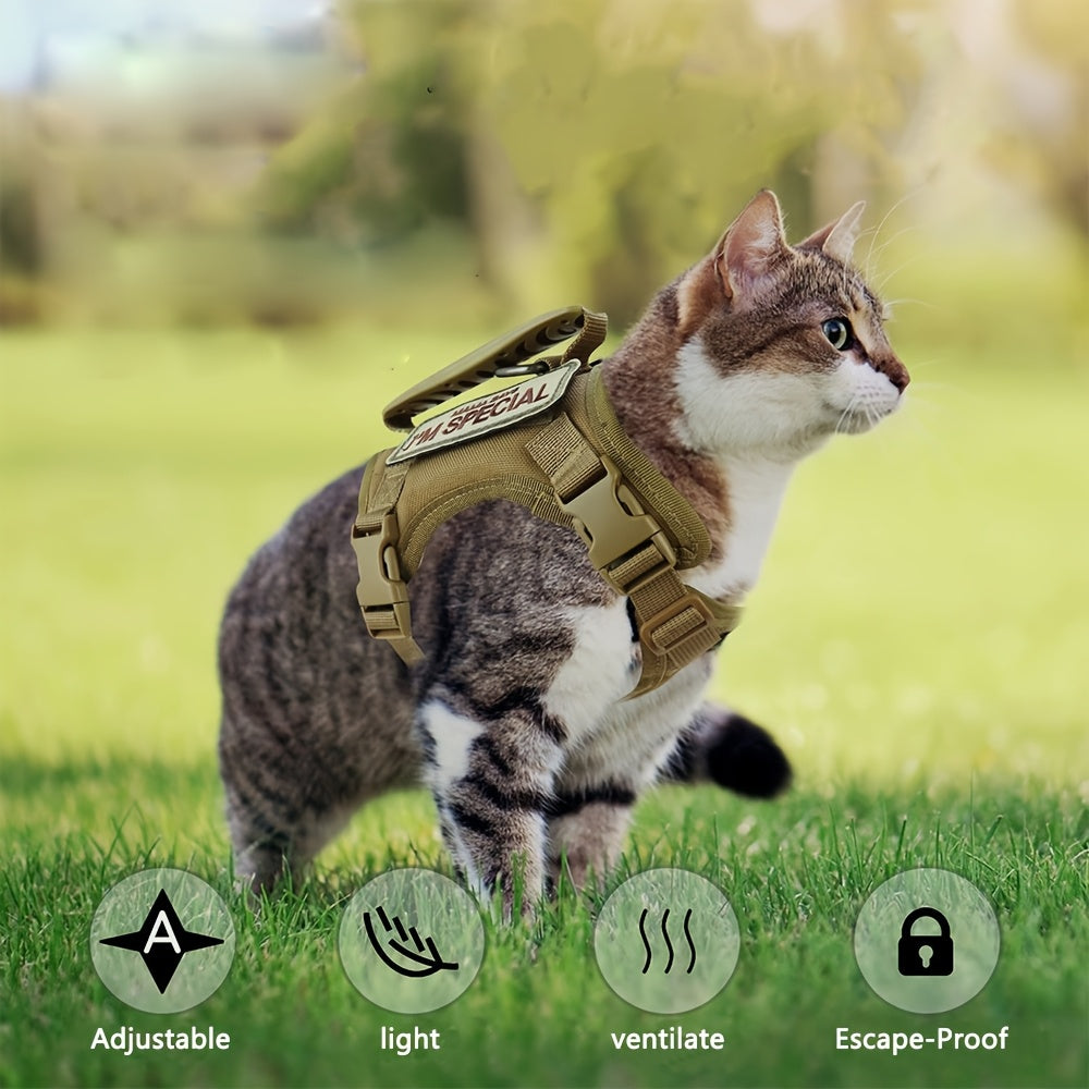 Cat Vest with Rubber Handle, Adjustable Tactical Nylon Pet Vest with Mesh Padding and Quick-Release Buckle for Large Cats and Small Dogs
