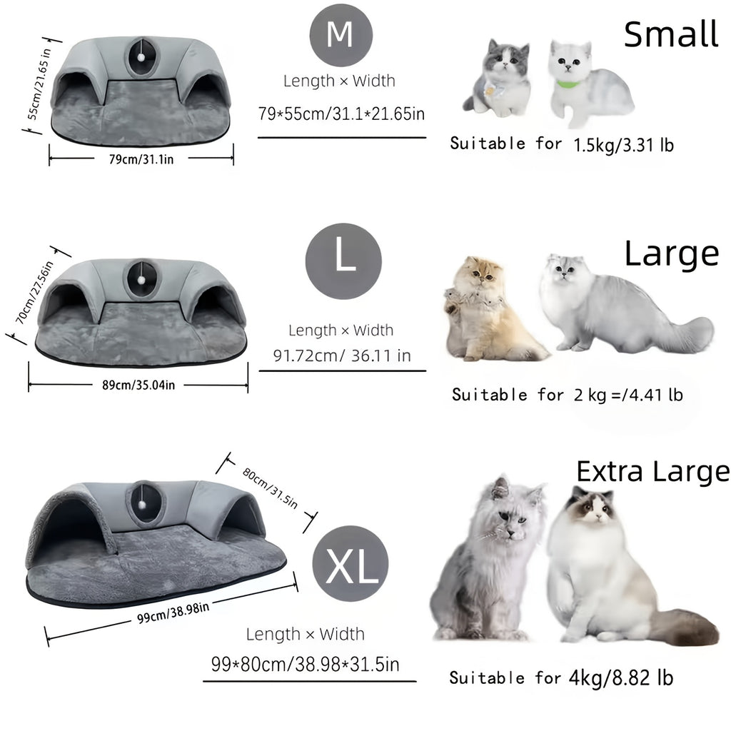 Arch Cat Tunnel Bed with Peekaboo Window and Hanging Ball, Soft Plush 2-in-1 Indoor Kitten Hideaway and Lounge Mat in Small or Large