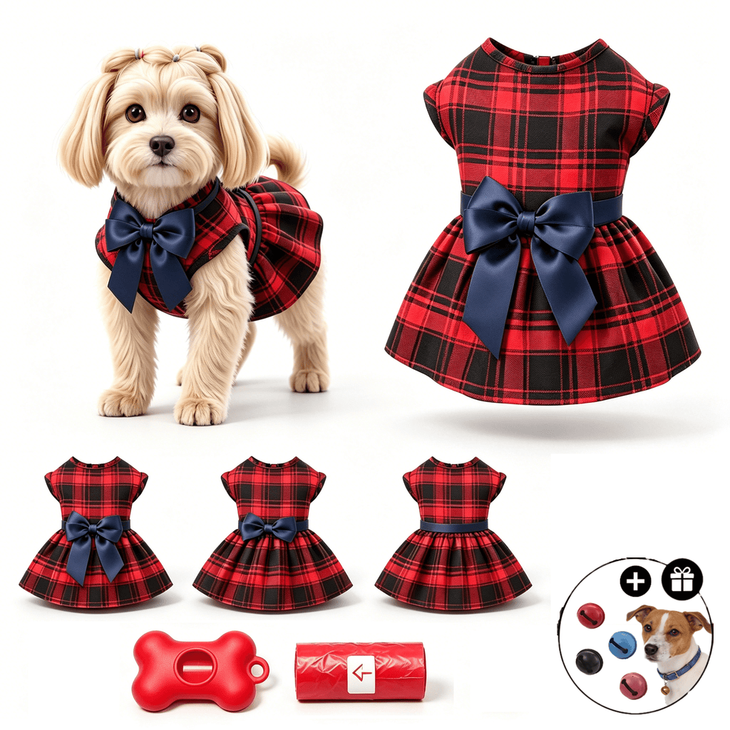 Plaid Dog Dress with Bow for Dogs and Cats, Red Academic Style Pet Outfit in XS–XXL with Random Poop Bag Dispenser and 4 Bells