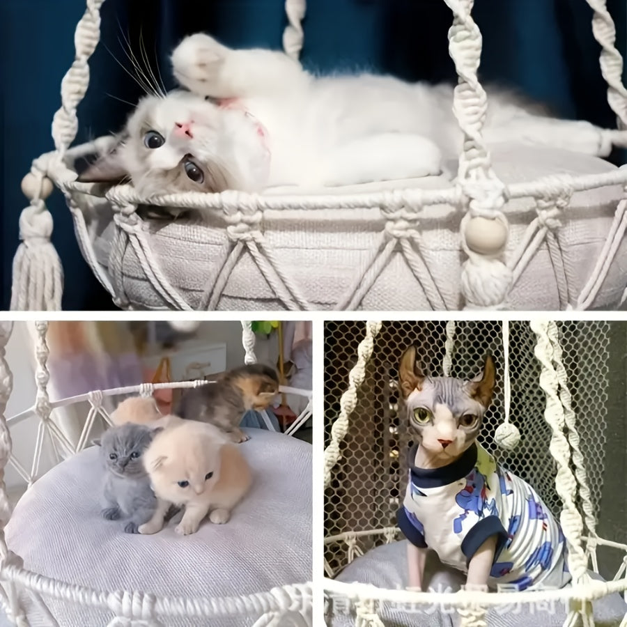 Woven Cat Hammock Bed, Semi-Enclosed Vinyl Hanging Basket for All-Season Lounging, Portable Beige Cat Resting Spot for Small Spaces
