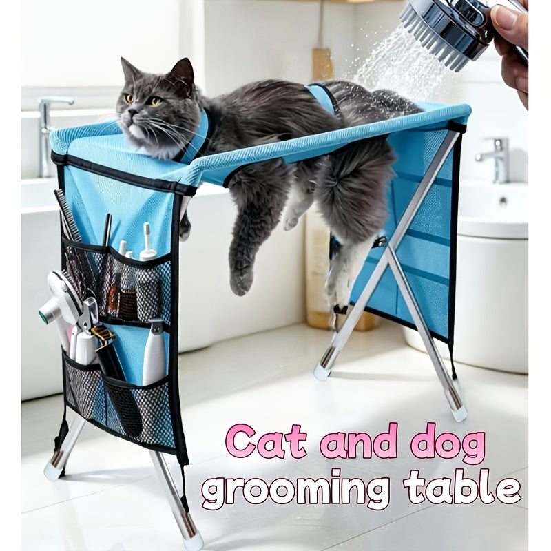 Folding Pet Grooming Table for Cats and Small Dogs, Detachable Grooming Support Hammock for At-Home Coat Trimming in Khaki or Black