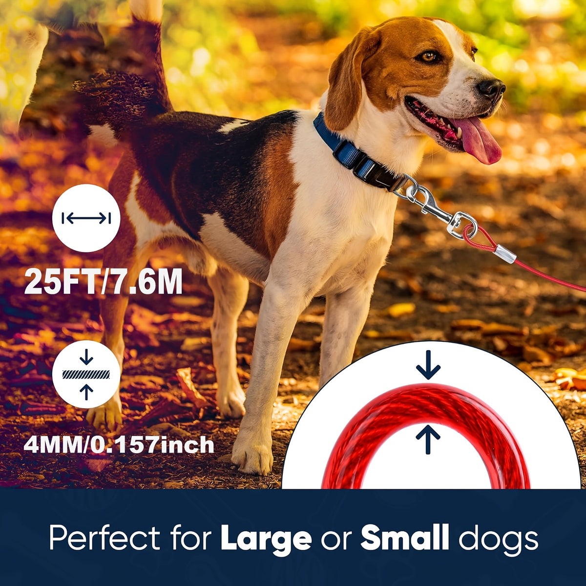 25 Foot Dog Tie Out Cable with Quick-Release Swivel Clips and 360-Degree Rotating Clasp, Transparent Outdoor Yard Lead for Supervised Dog Time