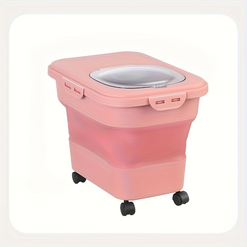 Pet Food Storage Container with Measuring Cup, Foldable Square Plastic Dry Dog and Cat Food Bin with Wheels and Sealing Lid for Pantry Organization