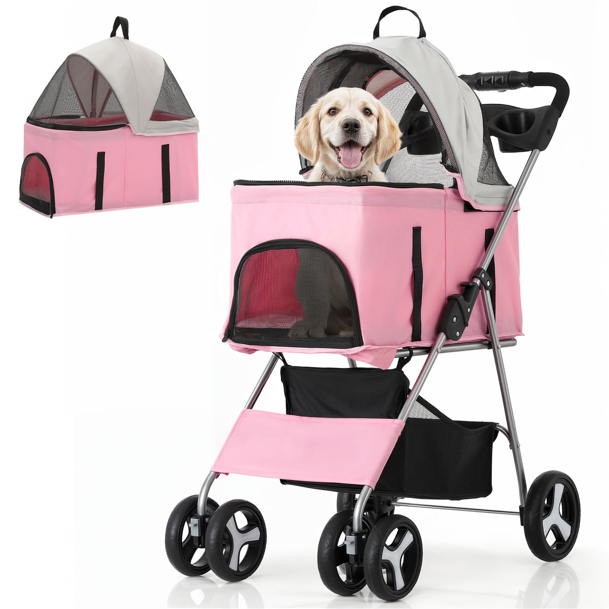 Dog Stroller for Pets up to 33 lbs, 3-in-1 Foldable Pushchair with Detachable Carrier, Car Seat Mode, Push-Button Entry and Mesh Canopy