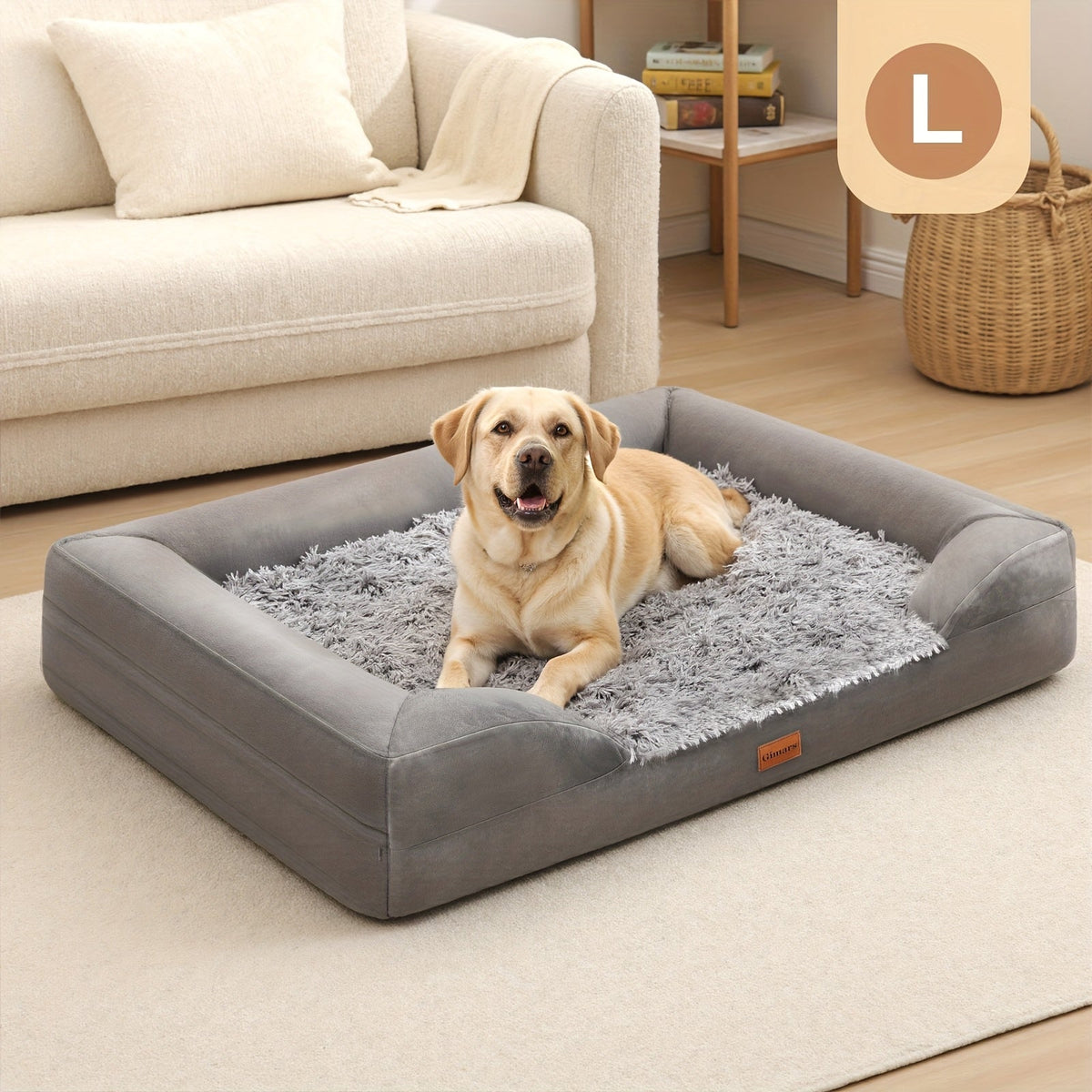 Plush Foam Dog Bed with Removable Washable Cover, Gray Egg Crate Pet Lounger with Raised Edges in Large Rectangle and Semicircle Options