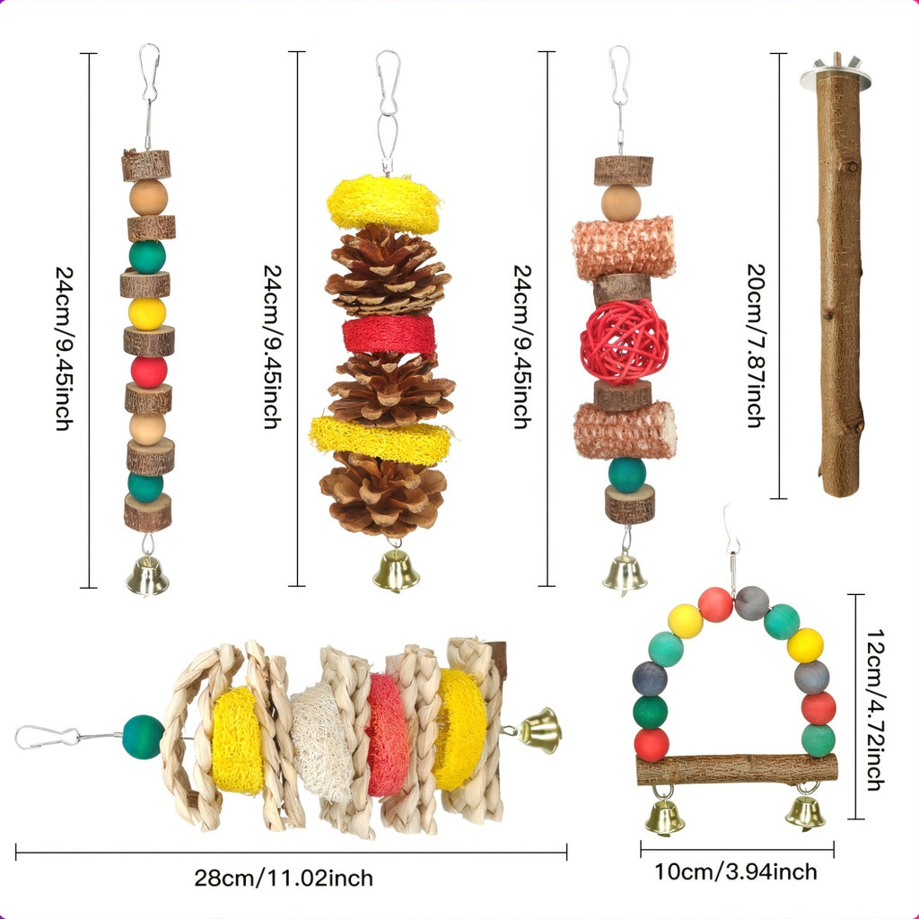 Parrot Chew Toy Set 7 Pieces with Corn Husks, Loofah, Rattan Balls and Wooden Beads, Hanging Bird Cage Toys with Swing and Perches for Daily Enrichment