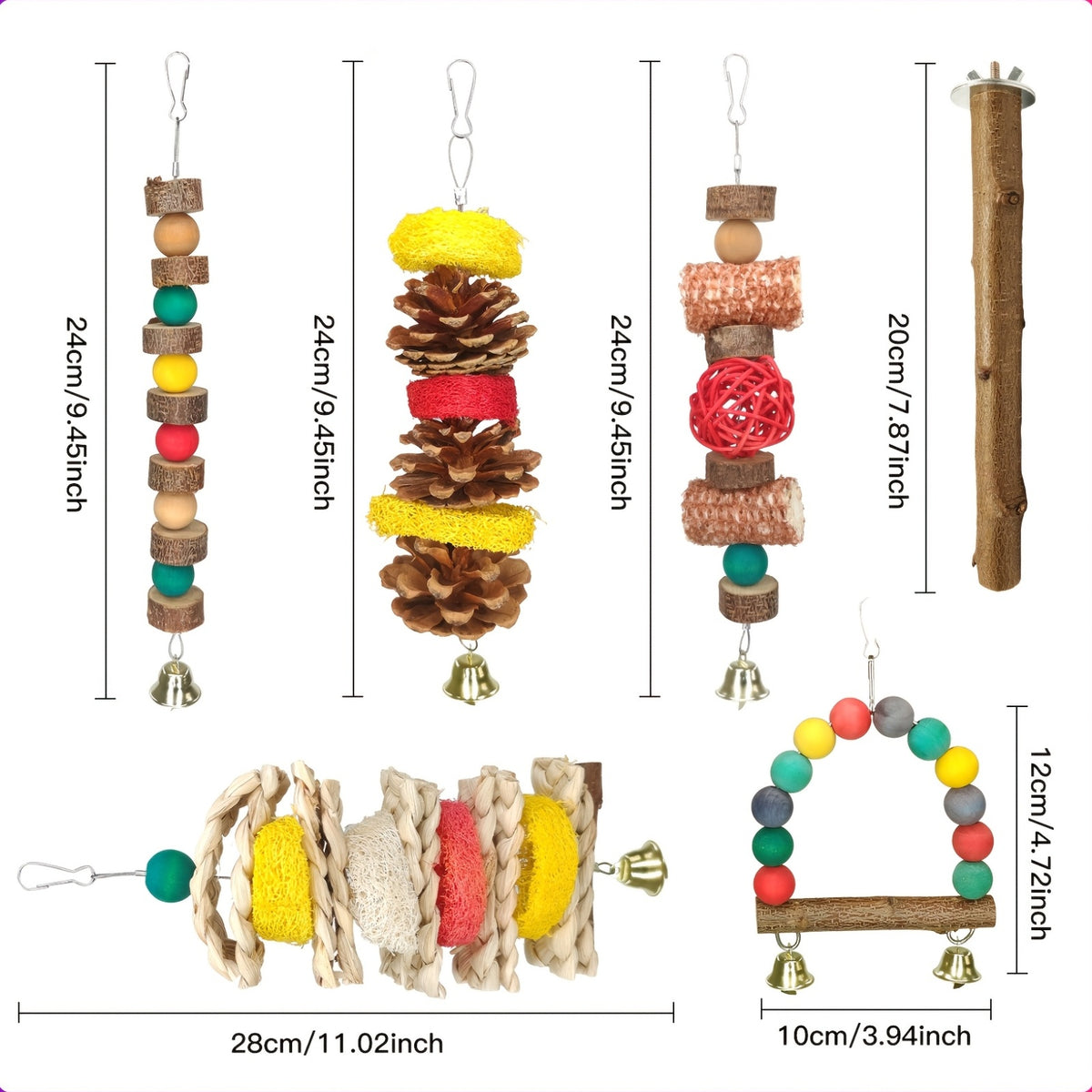 Parrot Chew Toy Set 7 Pieces with Corn Husks, Loofah, Rattan Balls and Wooden Beads, Hanging Bird Cage Toys with Swing and Perches for Daily Enrichment