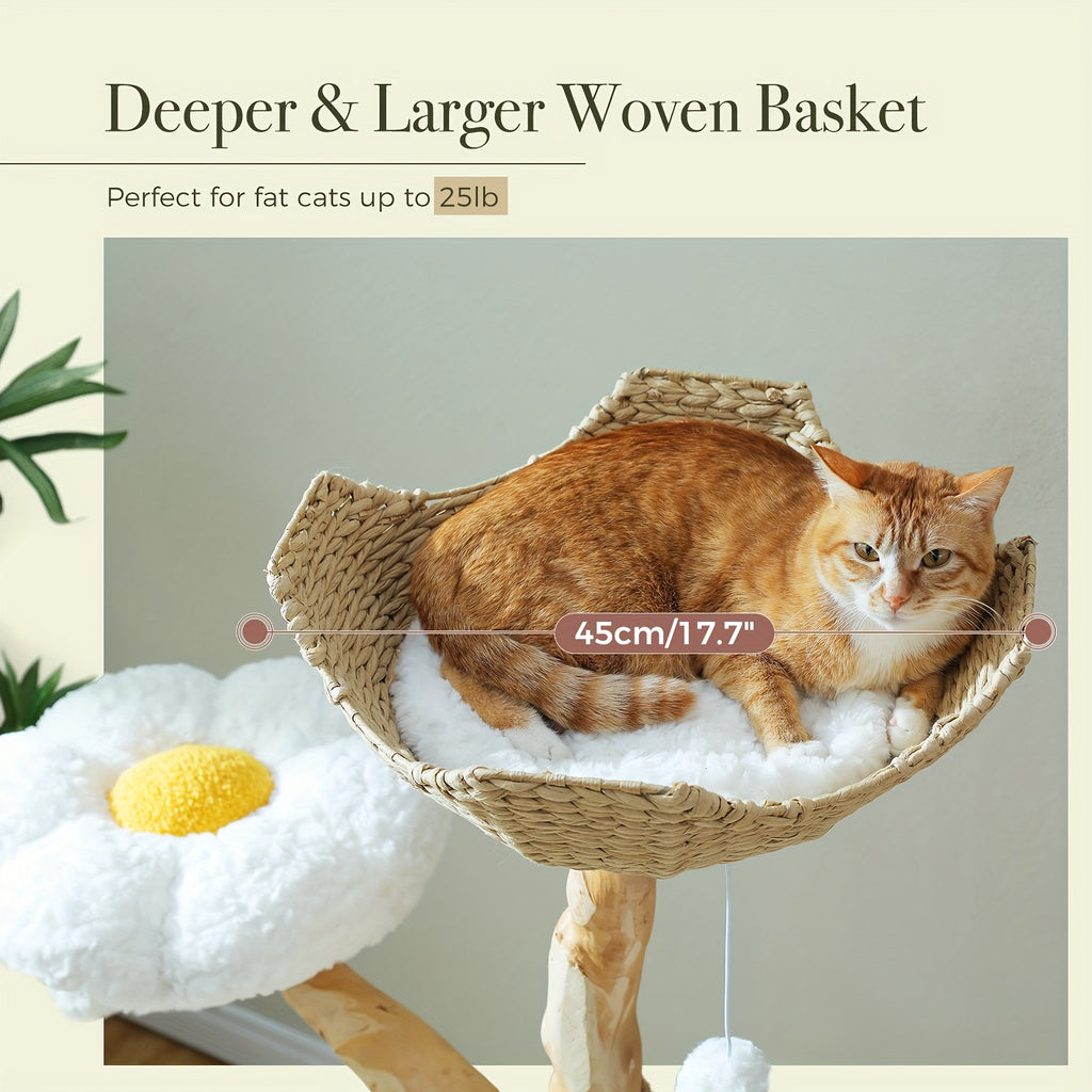 Flower Cat Tree with Floral Perches and Scratching Posts, Wooden Bohemian Indoor Cat Tower Furniture in White and Brown Style Options
