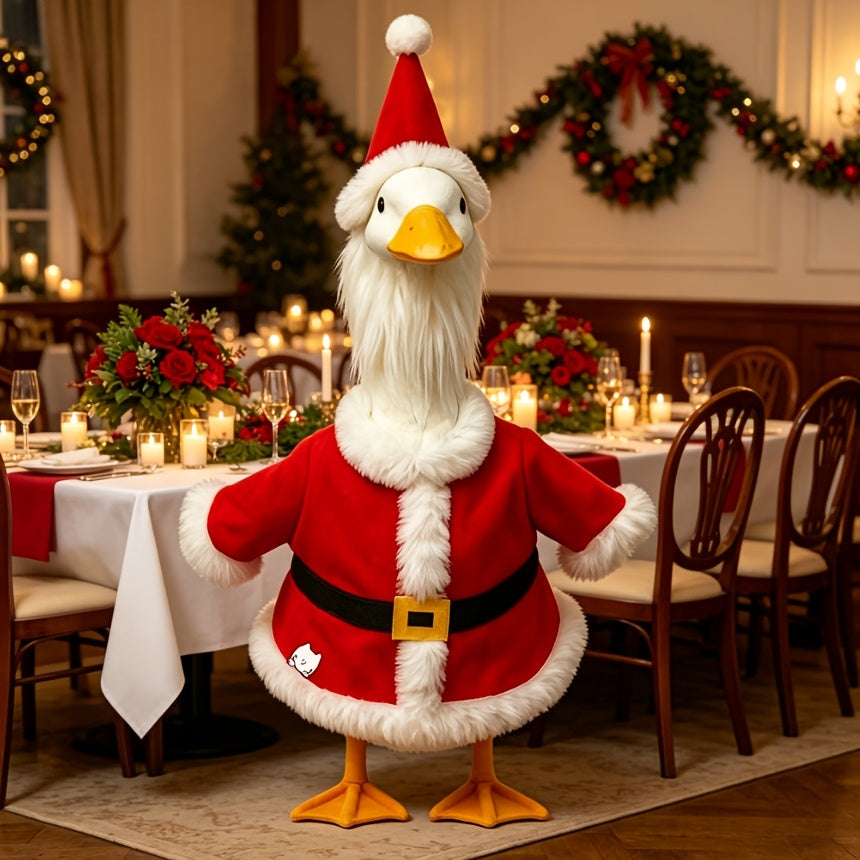 Santa Porch Goose Outfit for 23-Inch Decorative Goose Displays, Christmas Two-Piece Costume in Green Hair or White Hair Options for Holiday Entryway Decor