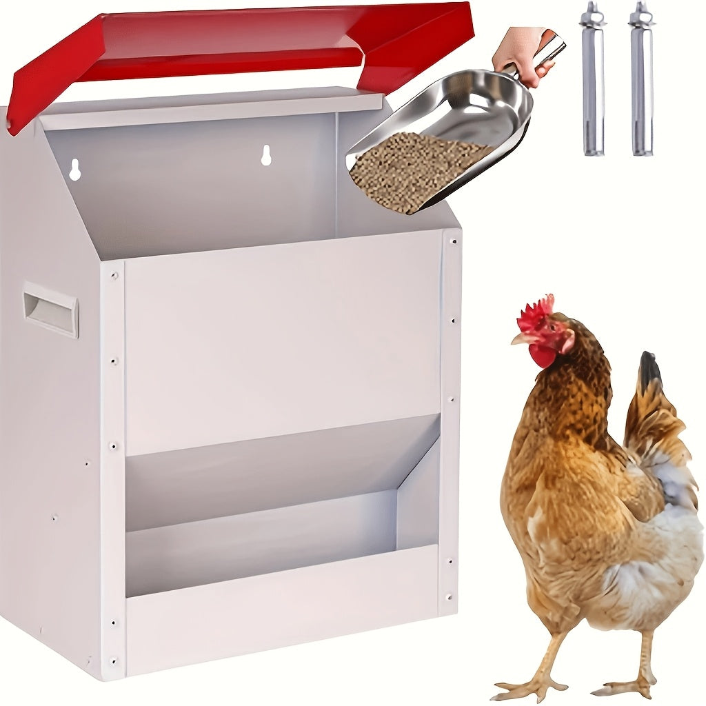 Wall Mounted Chicken Feeder with Cover, Galvanized Metal Gravity Poultry Food Dispenser for Backyard Coops, Chicken, Duck and Quail Feeding