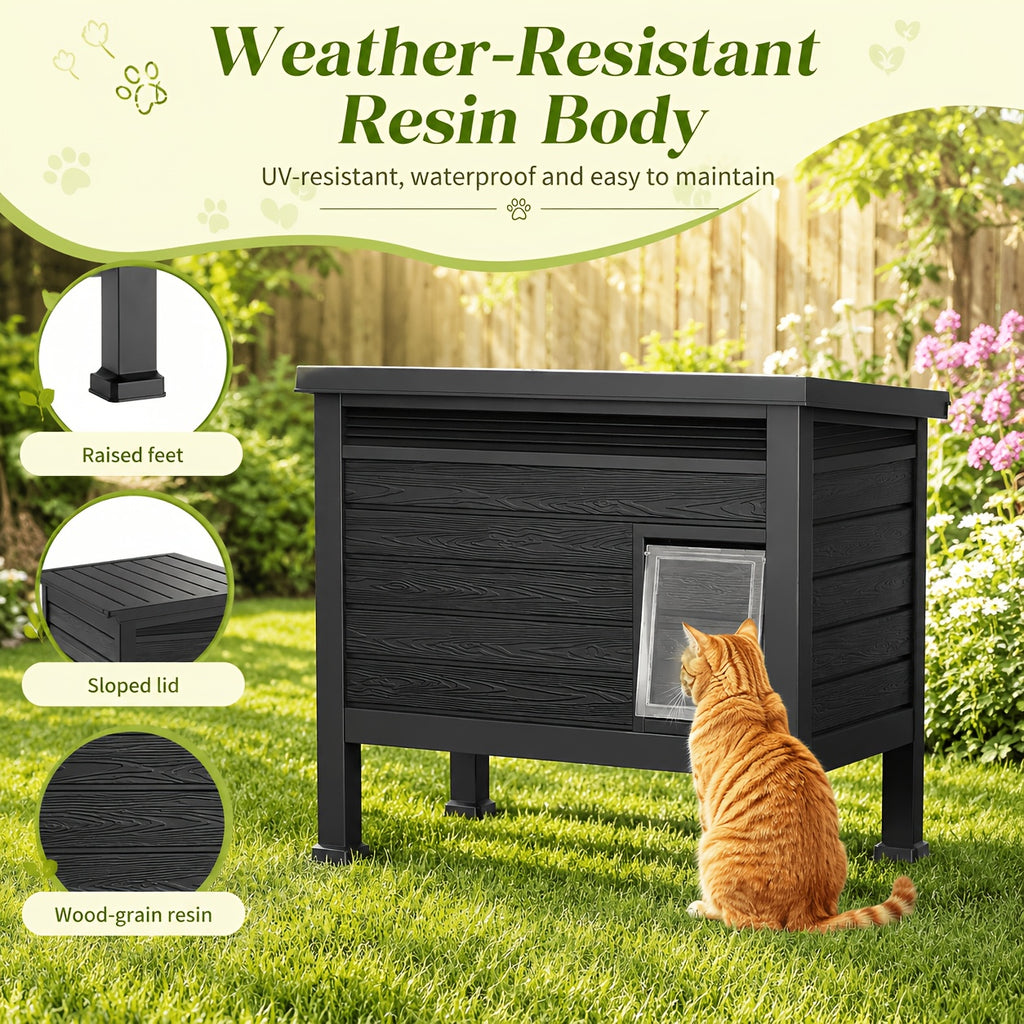 Elevated Cat House with Opening Roof, Black Raised Pet Shelter with Ventilation and Access Door for Covered Porches and Backyard Resting Areas