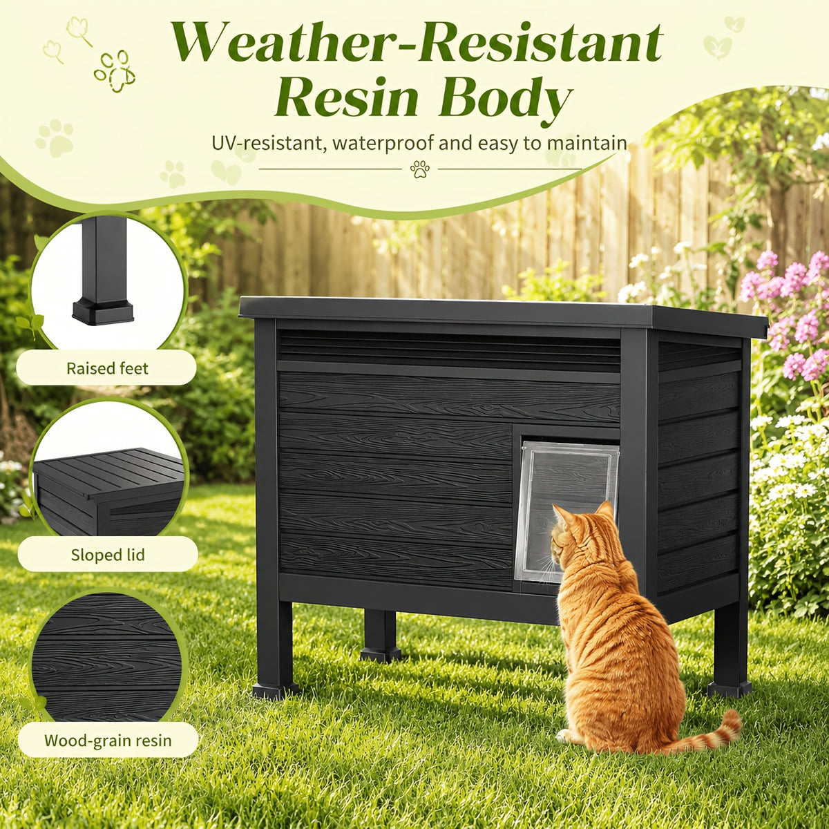 Elevated Cat House with Opening Roof, Black Raised Pet Shelter with Ventilation and Access Door for Covered Porches and Backyard Resting Areas