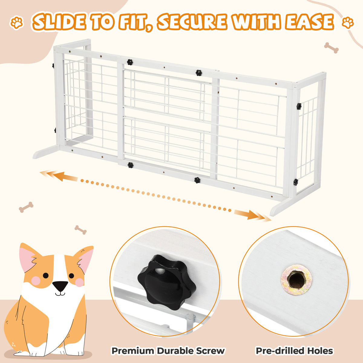 Wood Dog Gate with Sliding Width Adjustment, 38–71 Inch Freestanding Pinewood Pet Barrier with Wide Support Base for Indoor Doorways and Hallways