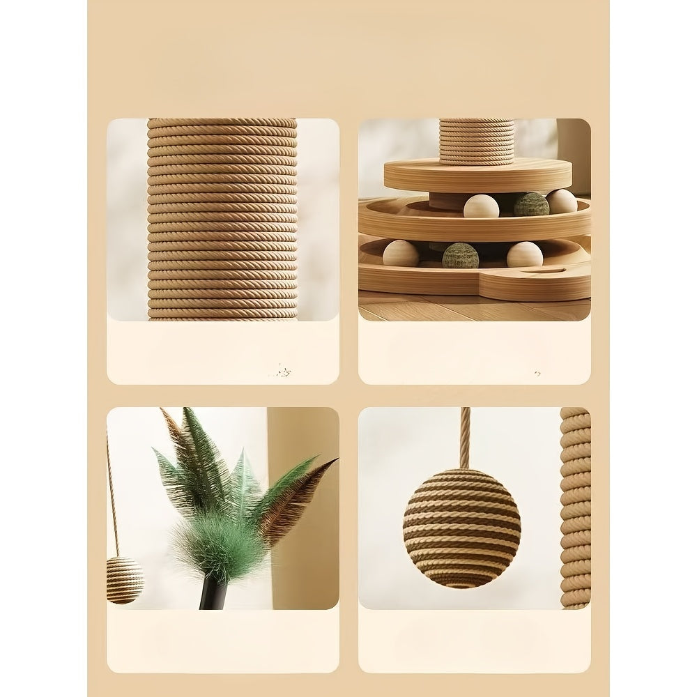 Cat Scratching Post with Ball Track, 18.1 Inch Sisal Scratcher with Hanging Balls and Feather Toy for Indoor Cats and Kittens, Brown