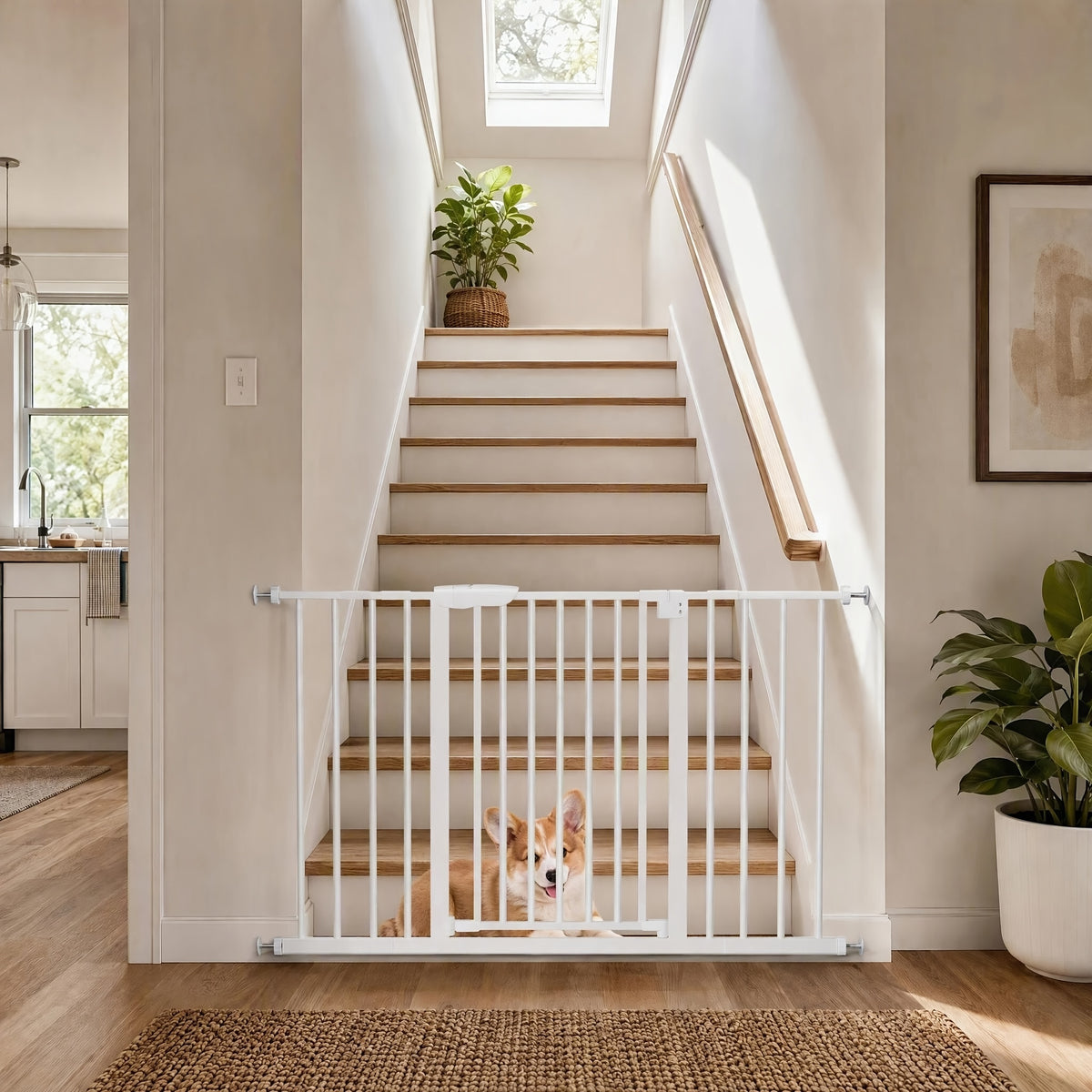Auto Close Pet Gate in White, Pressure Mounted Walk Through Dog Barrier with Two-Way Swing, One-Hand Operation and Extensions for Doorways and Hallways
