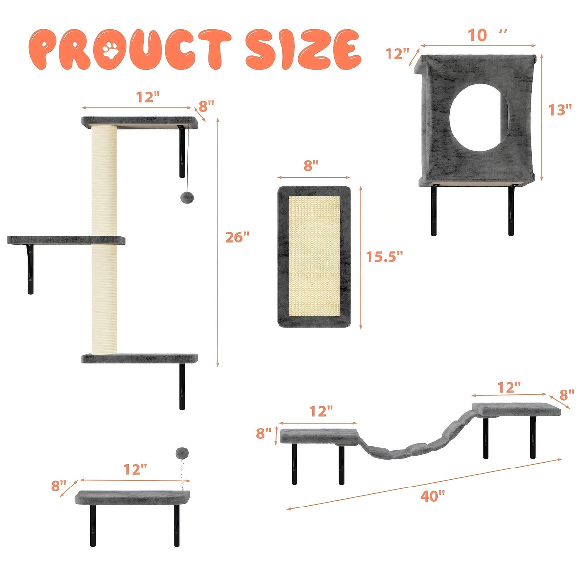 5-Piece Cat Wall Shelves Set with House, Bridge Hammock, Scratching Post and Pad, Wall-Mounted Indoor Climbing Furniture in Grey or Beige