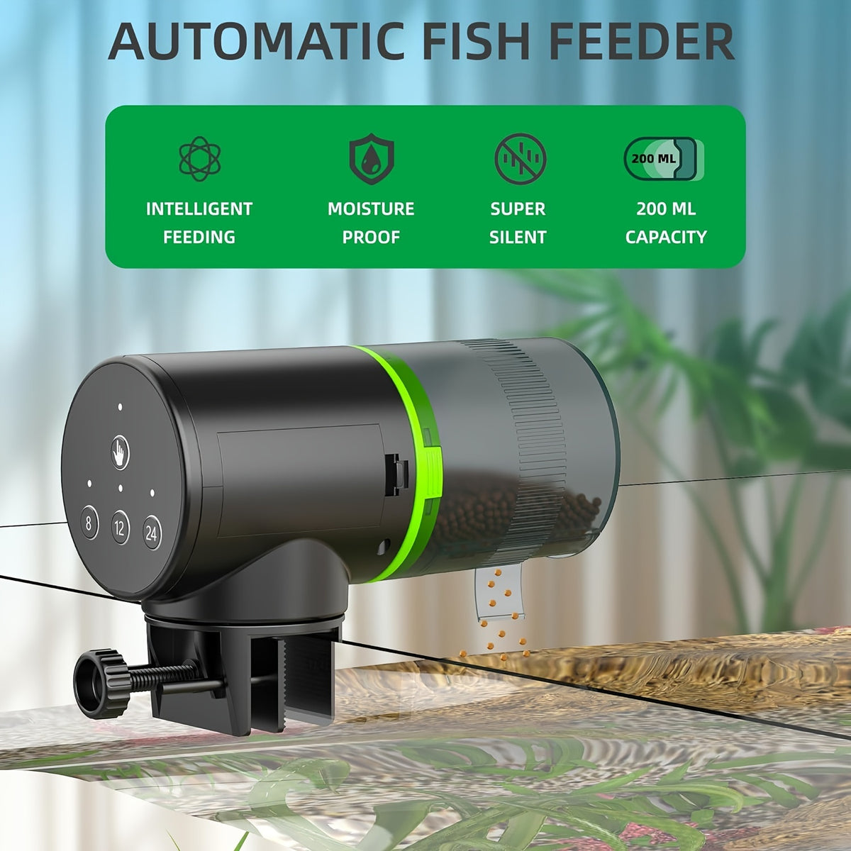 Automatic Aquarium Fish Feeder with Vacation Timer, Adjustable Electric Fish Food Dispenser with Two Mounting Methods for Home Tank Feeding Routines