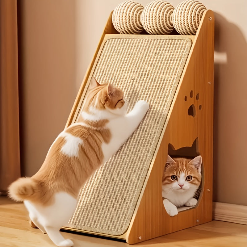 Cat Scratching Board with Sisal Pads and 3 Teaser Balls, 27-Inch Listed Indoor Cat Scratcher for Everyday Claw Scratching and Interactive Play